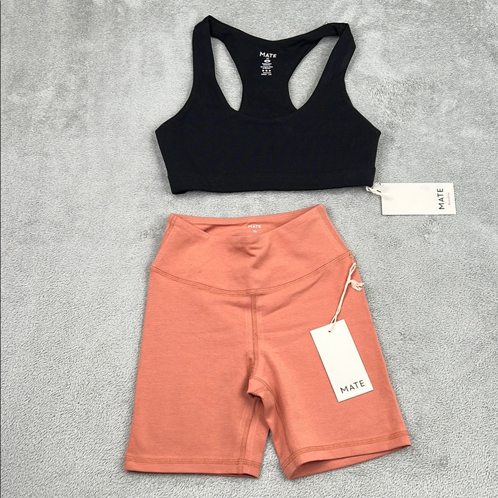 NEW MATE The Label XS Organic Cotton Stretch Black Sports Bra, Rose Shorts SET‎